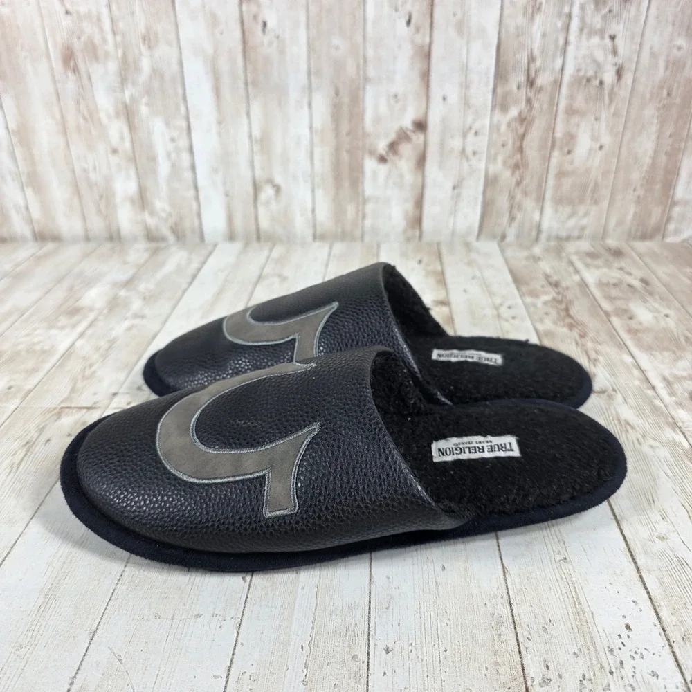 True‎ Religion Men's Slippers Black Logo Comfort House Shoes Size M 9-10